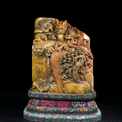 珍藏田黄石薄意闲章【松山观景圖】田黄原石原色（硬）料纯手工雕刻