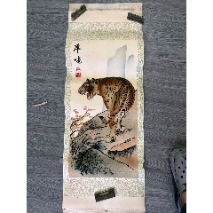 老植绒画《虎啸》上山虎，中国杭州，杭州特色工艺画原装纸裱32×67厘米