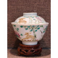 清同治粉彩松貞鹿壽蓋碗