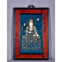 臣丁观鹏恭绘！红木双色骨边框镶蓝底掐金丝唐卡瓷板画中堂挂屏
