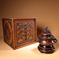 珍品旧藏收罕见宫廷御用紫铜纯铜高浮雕錾刻鎏金熏香炉配老漆器盒工艺