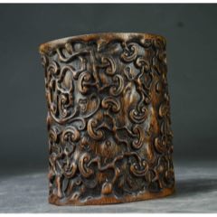 紫檀木雕刻笔筒摆件，满金星牛毛纹清晰，高17.5厘米，宽17.5厘米，重