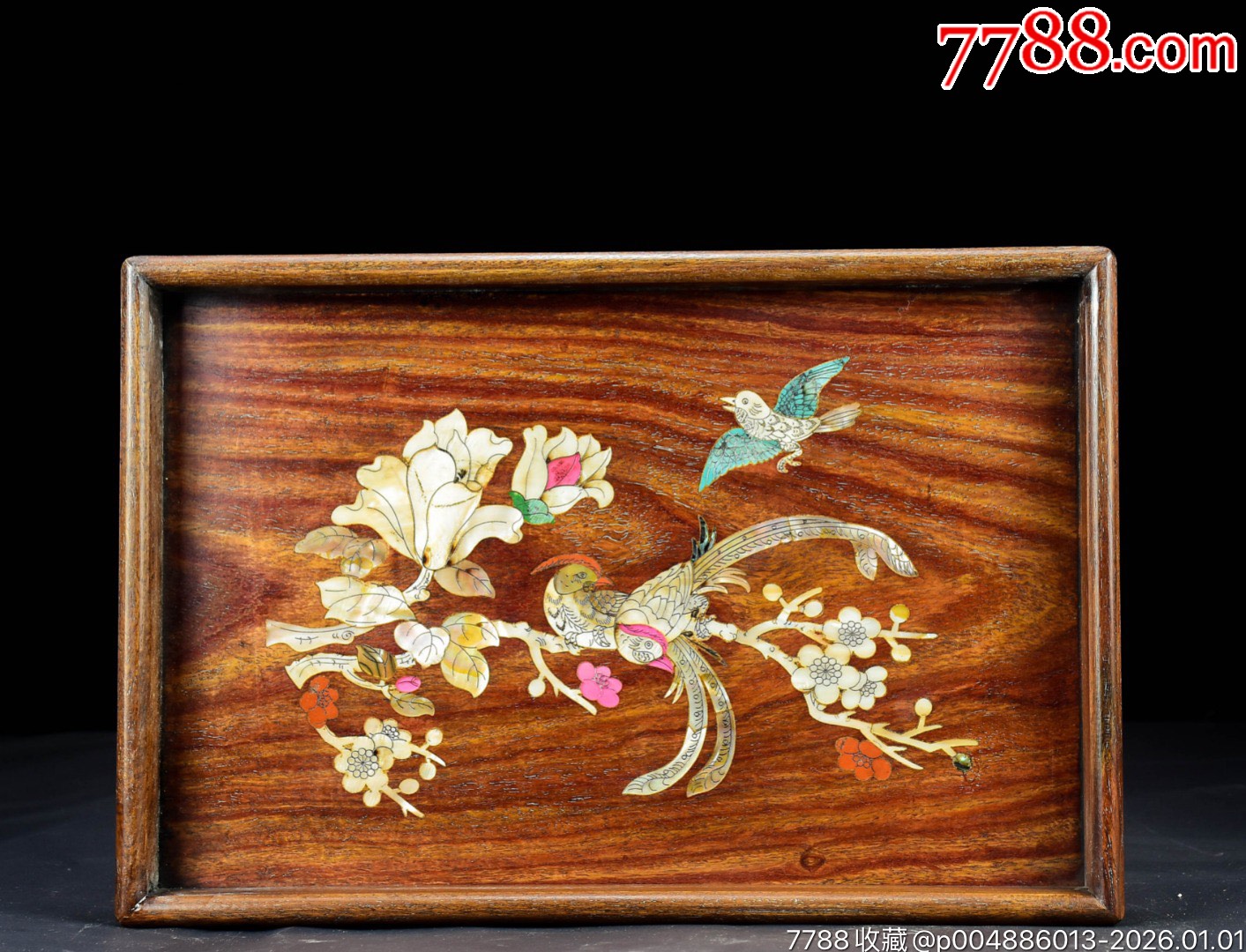 館蔵珍品 花梨木 細密彫 彩貝嵌 馬到成功 抽盒 茶盤 置物 賞物』稀少