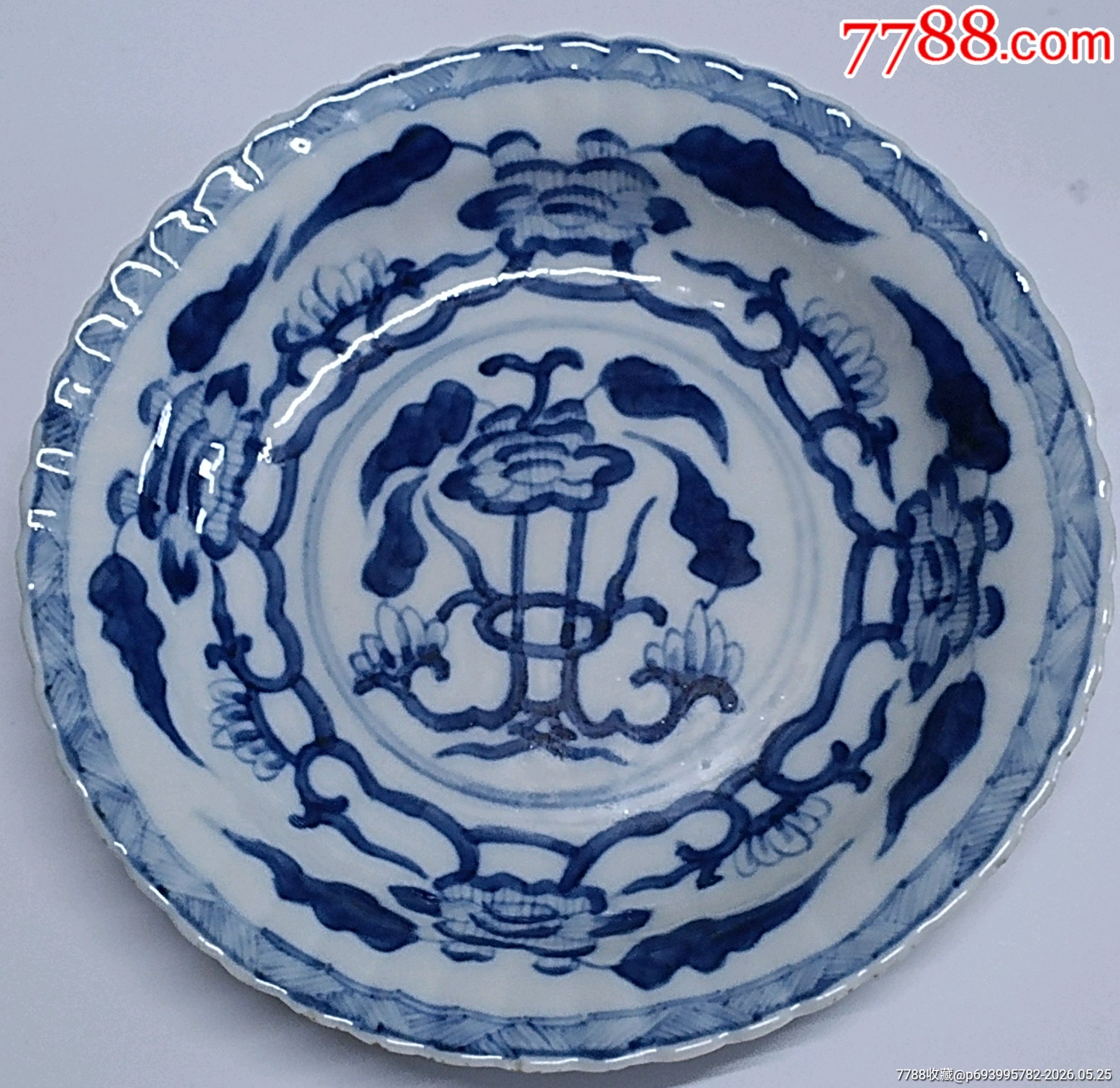 清-康熙景德鎮(zhèn)民窯青花花卉紋瓜棱盤(pán)_價(jià)格1450元_第1張_