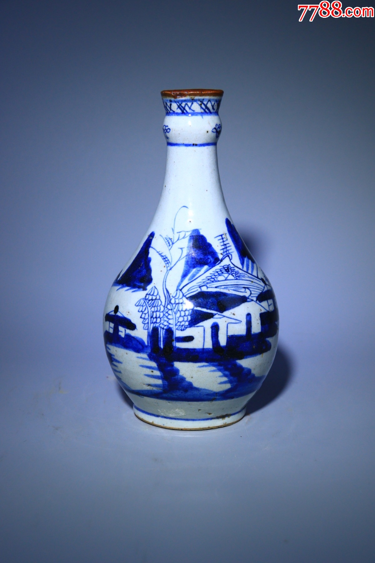 清乾隆青花山水纹蒜头瓶_青花瓷_伦回坊四号店【7788老照片】