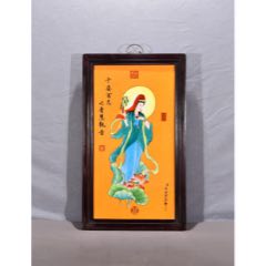 臣丁观鹏恭绘！红木双色骨边框镶蓝底掐金丝唐卡瓷板画中堂挂屏