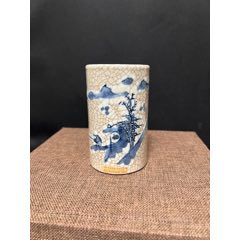 清晚期哥釉青花山水人物笔筒__【7788收藏】