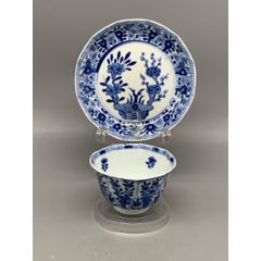 清康熙青花梅蘭菊石紋瓜棱花口杯碟(zc44814308)