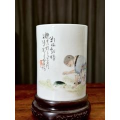 民国珠山八友“王琦”款粉彩“刘海戏蟾”图人物笔筒(zc45747983)