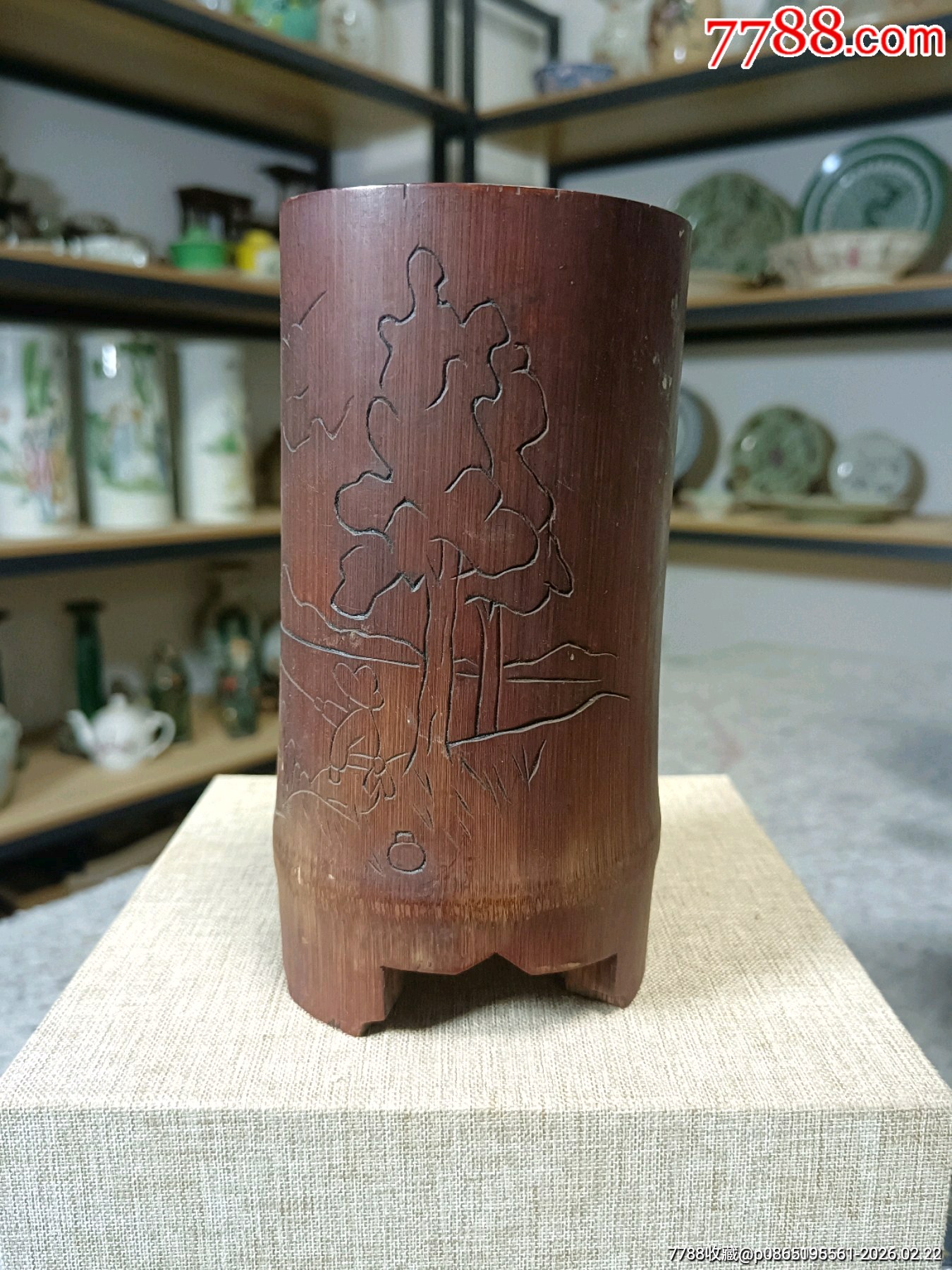 全品）解放初竹雕山水人物笔筒文房器尺寸口径7.5厘米，高14.3厘米-竹雕