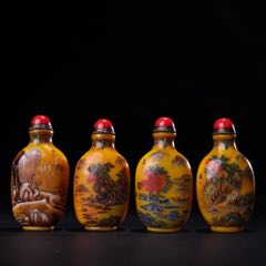 珍品旧藏收清代宫廷御藏纯手绘四季山水琉璃鼻烟壶一套品相保存完好画工