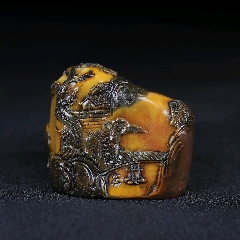 美術品 中国古美術□清代時期 石如作 壽山田黄石彫 460g 山水人物紋 古