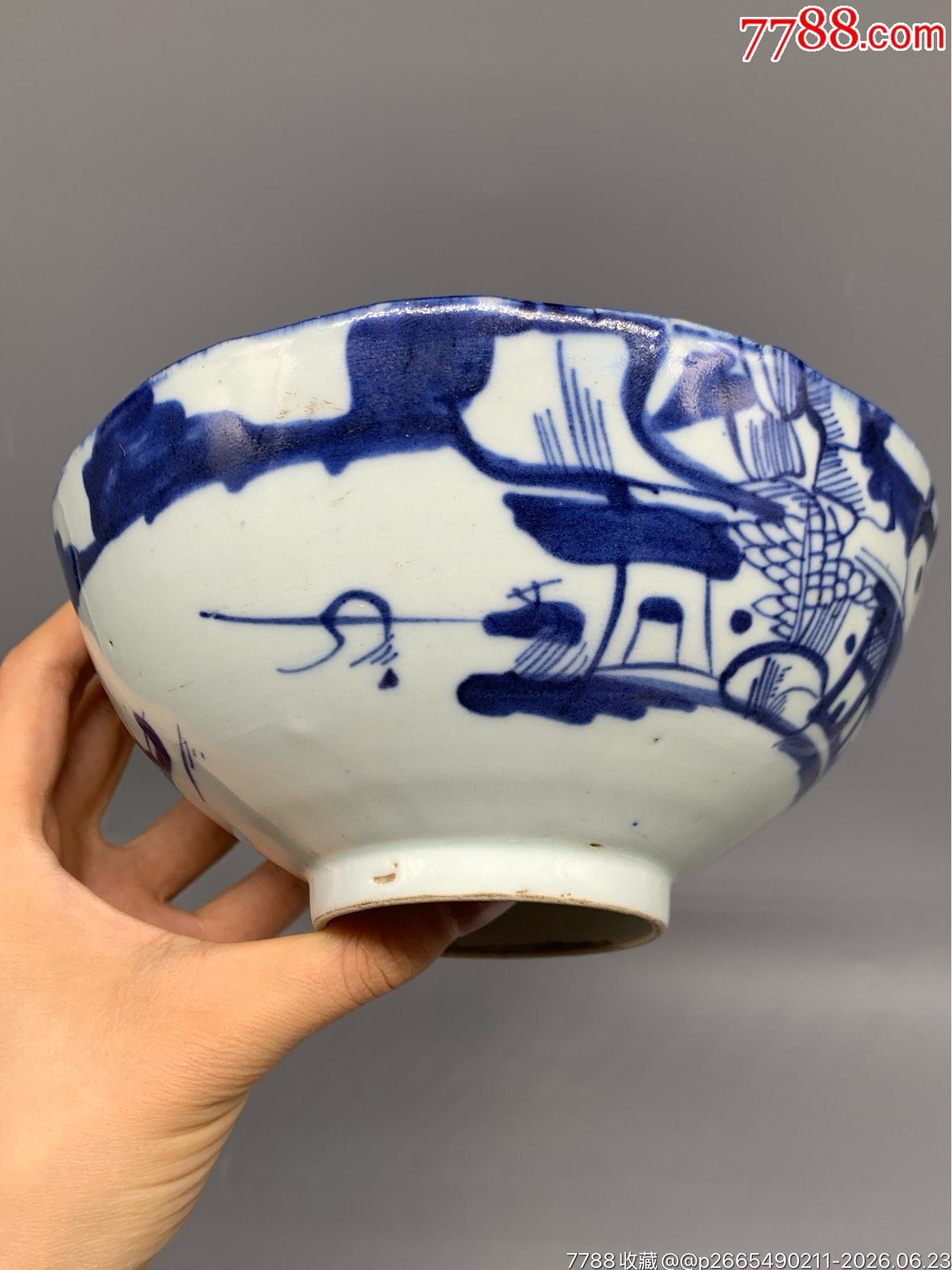 清咸豐青花山水亭臺樓閣攜琴訪友花口碗_價(jià)格181元_第4張_