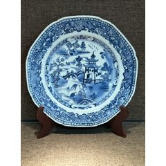 清乾隆青花山水樓閣紋八方賞盤