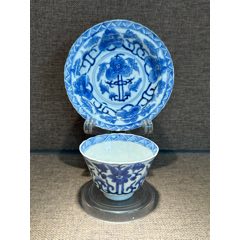清光緒青花仰蓮紋花口杯碟套