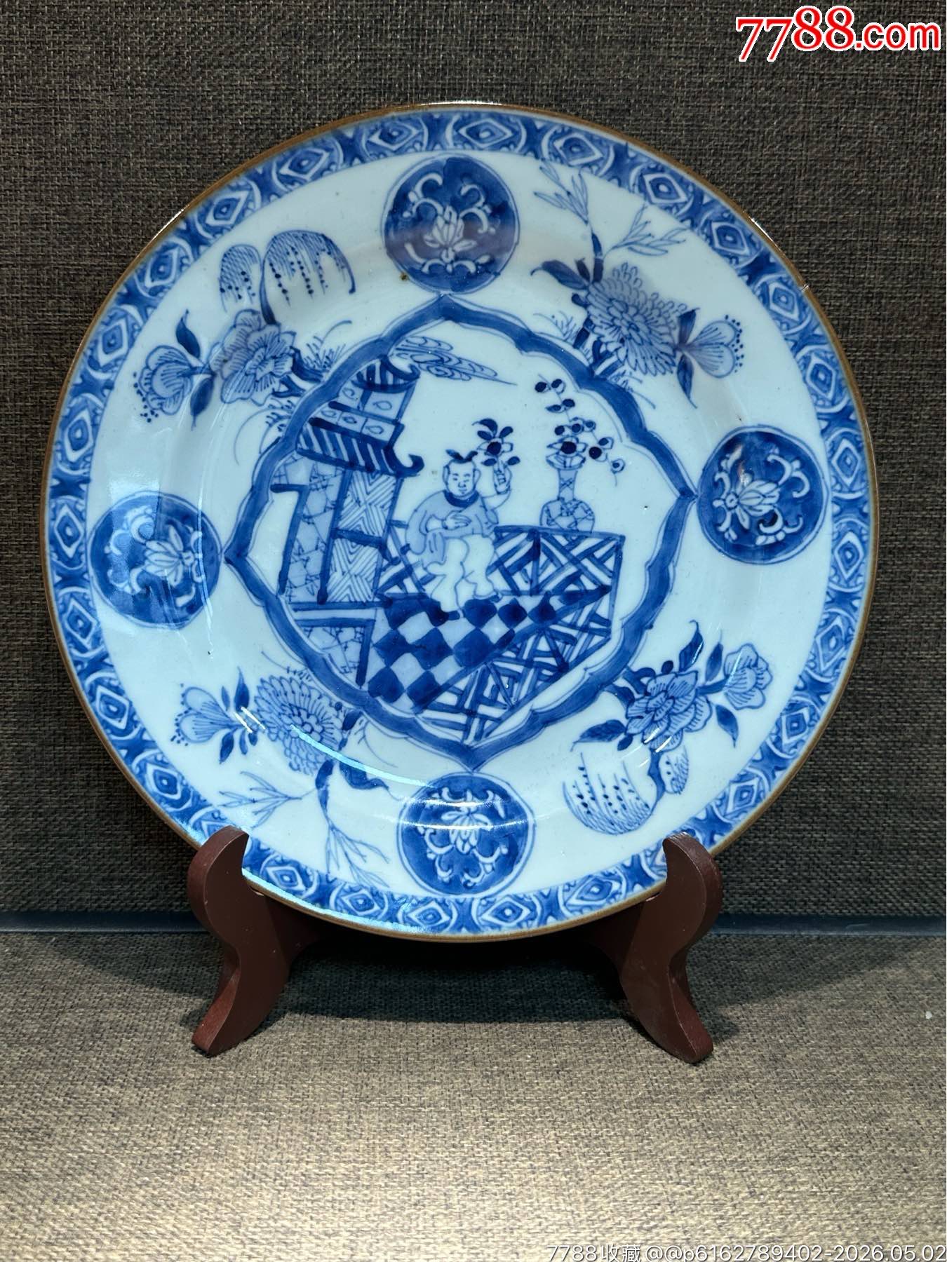 清康熙青花花卉紋開窗持荷童子博古紋賞盤_價(jià)格1202元_第1張_