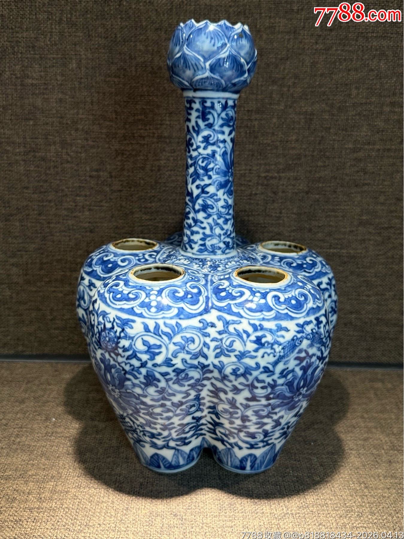 清光绪罕见精品青花缠枝莲纹六管瓶__【7788奖状收藏】
