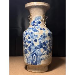 歐洲回流，清中期哥釉青花加白花鳥紋150件大雙耳尊，器型漂亮，雙梅花耳堆塑，青花