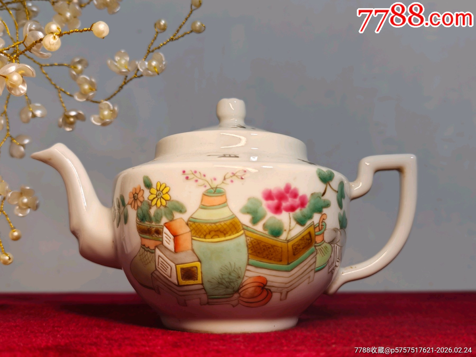 清代粉彩纯手绘博古瓷壶-茶壶-7788巴林石