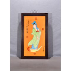 臣丁观鹏恭绘！红木双色骨边框镶蓝底掐金丝唐卡瓷板画中堂挂屏