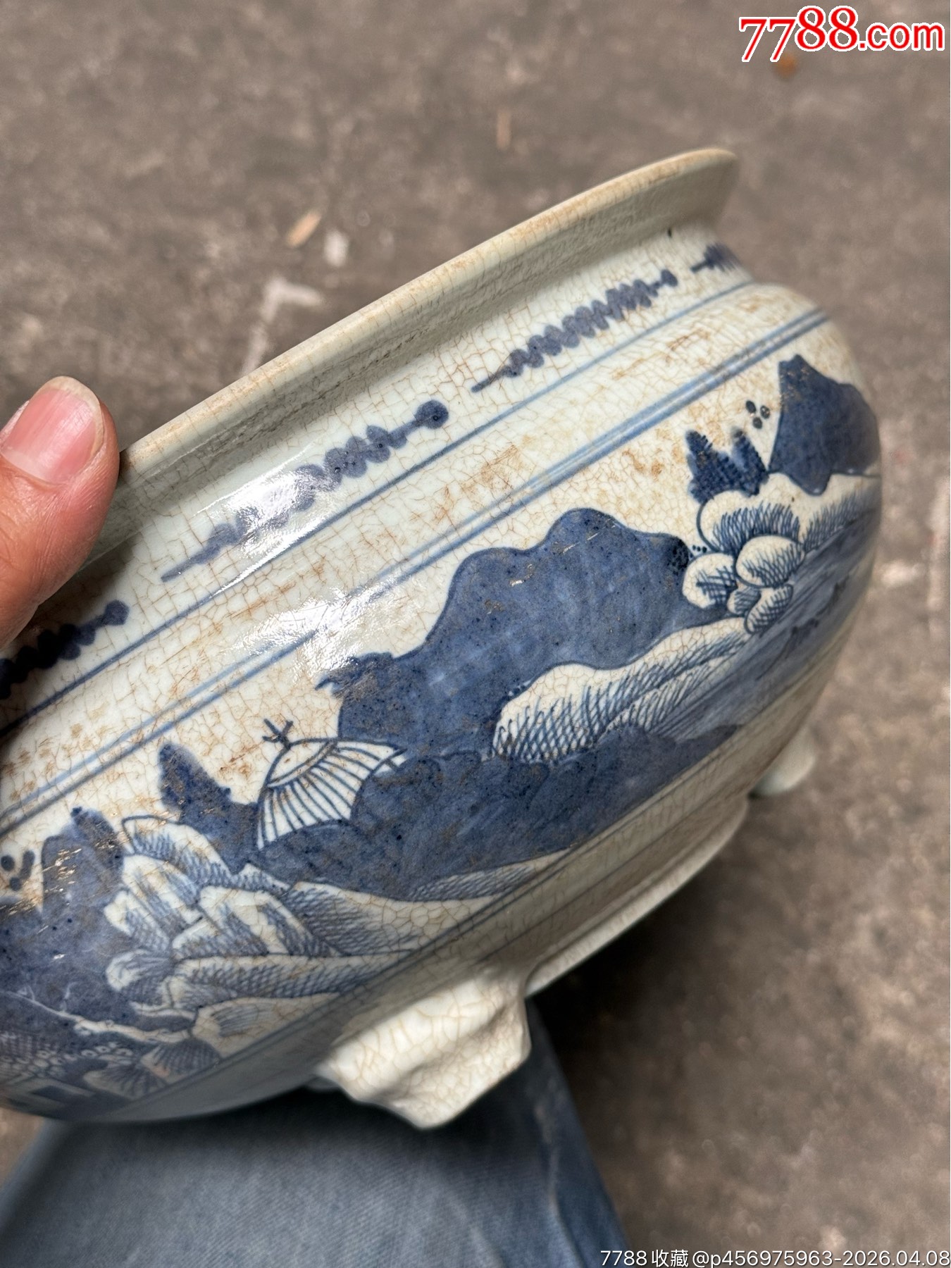明清老青花三足香炉，发色好，画功精湛，完整，如图所见发货__【7788