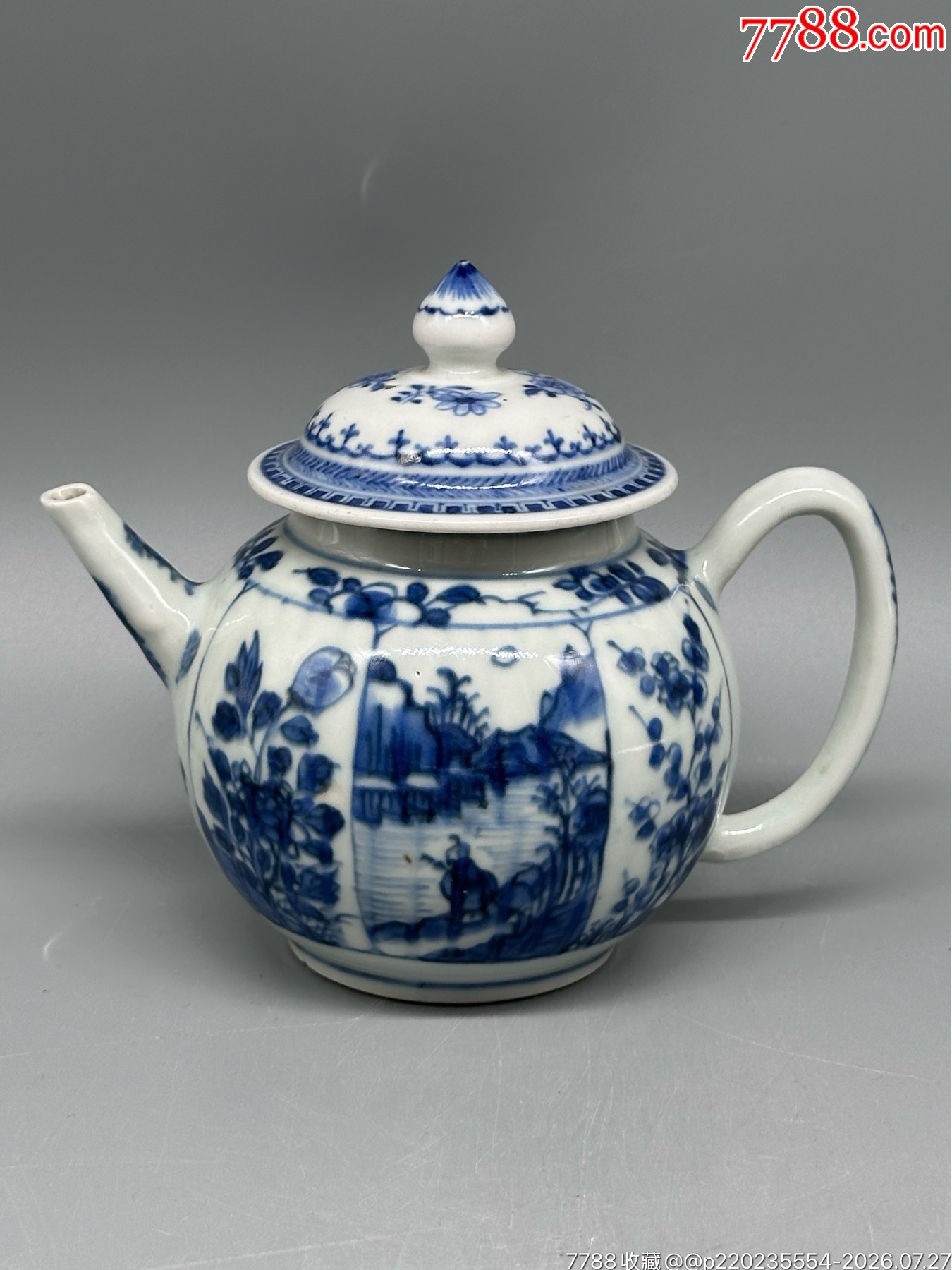 清康熙青花开光山水花卉纹瓜棱茶壶__【7788收藏】