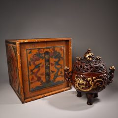 珍品旧藏收罕见宫廷御用紫铜纯手工高浮雕錾刻鎏金熏香炉工艺精湛器型