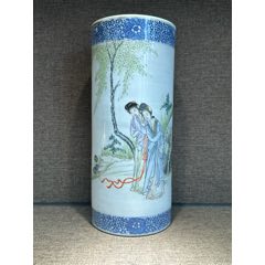 民國細(xì)路精品金品卿風(fēng)格青花龍穿花開窗細(xì)路粉彩二喬圖帽筒