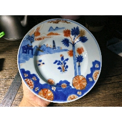 清代康熙梵紅描金青花山水盤