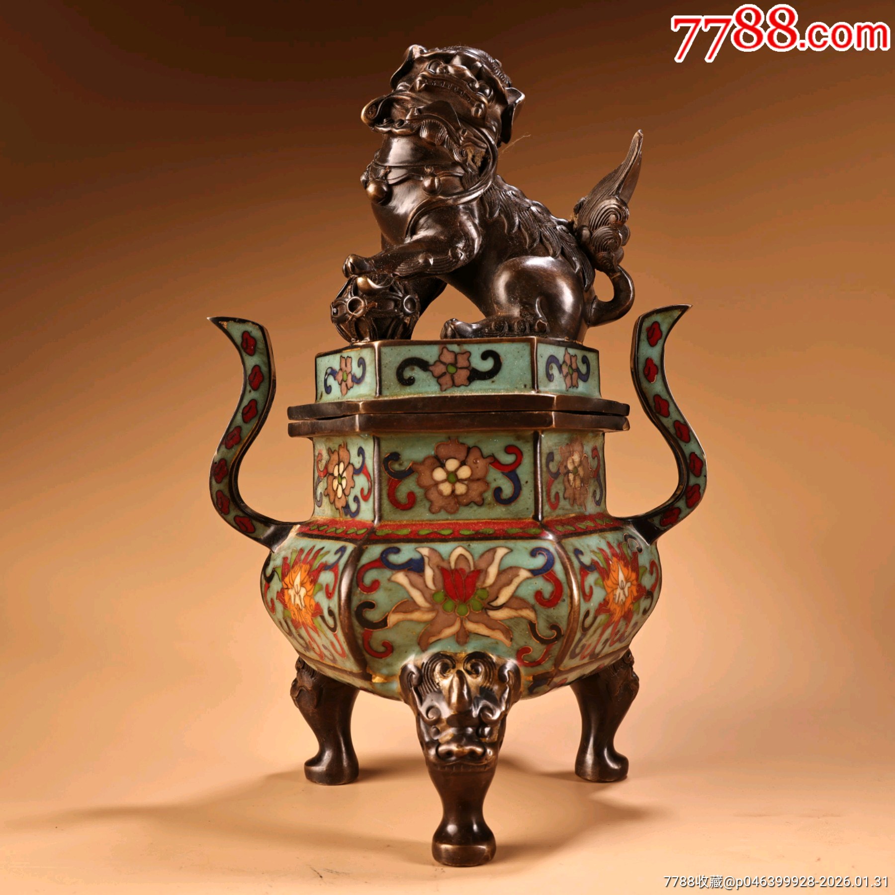 珍品旧藏收纯铜全铜高浮雕錾刻景泰蓝掐丝珐琅彩狮盖熏香炉工艺精湛器形