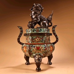 珍品旧藏收纯铜全铜高浮雕錾刻景泰蓝掐丝珐琅彩狮盖熏香炉工艺精湛器形