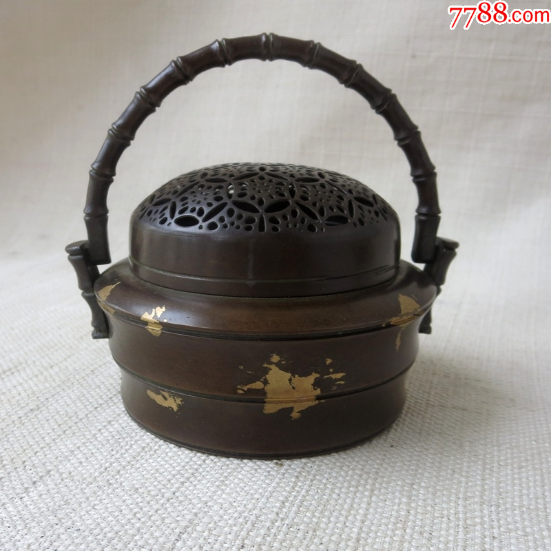 紫铜点金竹节提梁手炉张鸣岐制款__【7788铜炉收藏】
