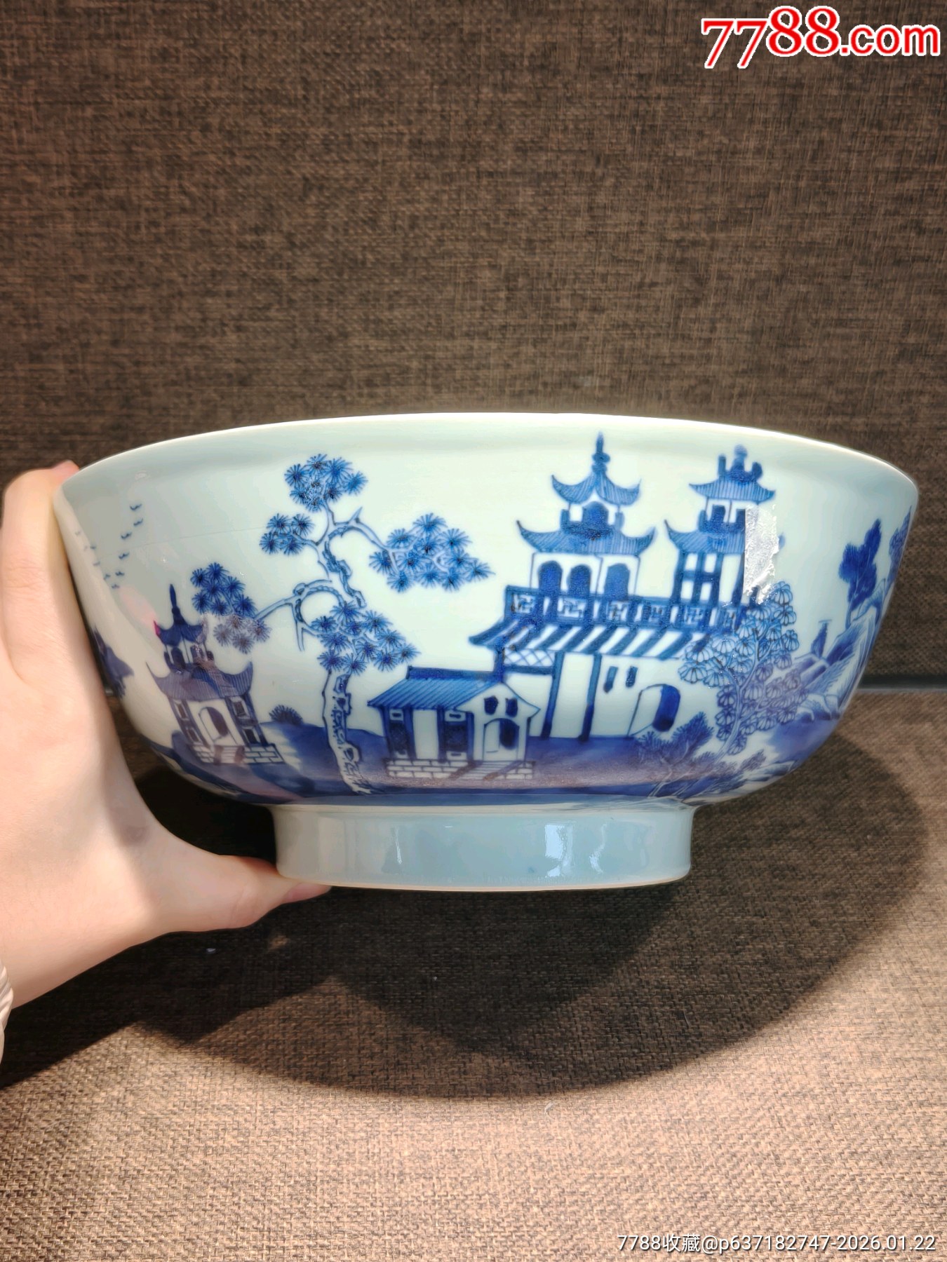 乾隆细路青花山水亭台楼阁潘趣大碗__【7788收藏】