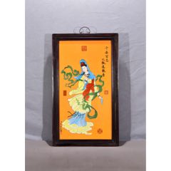 臣丁观鹏恭绘！红木双色骨边框镶蓝底掐金丝唐卡瓷板画中堂挂屏