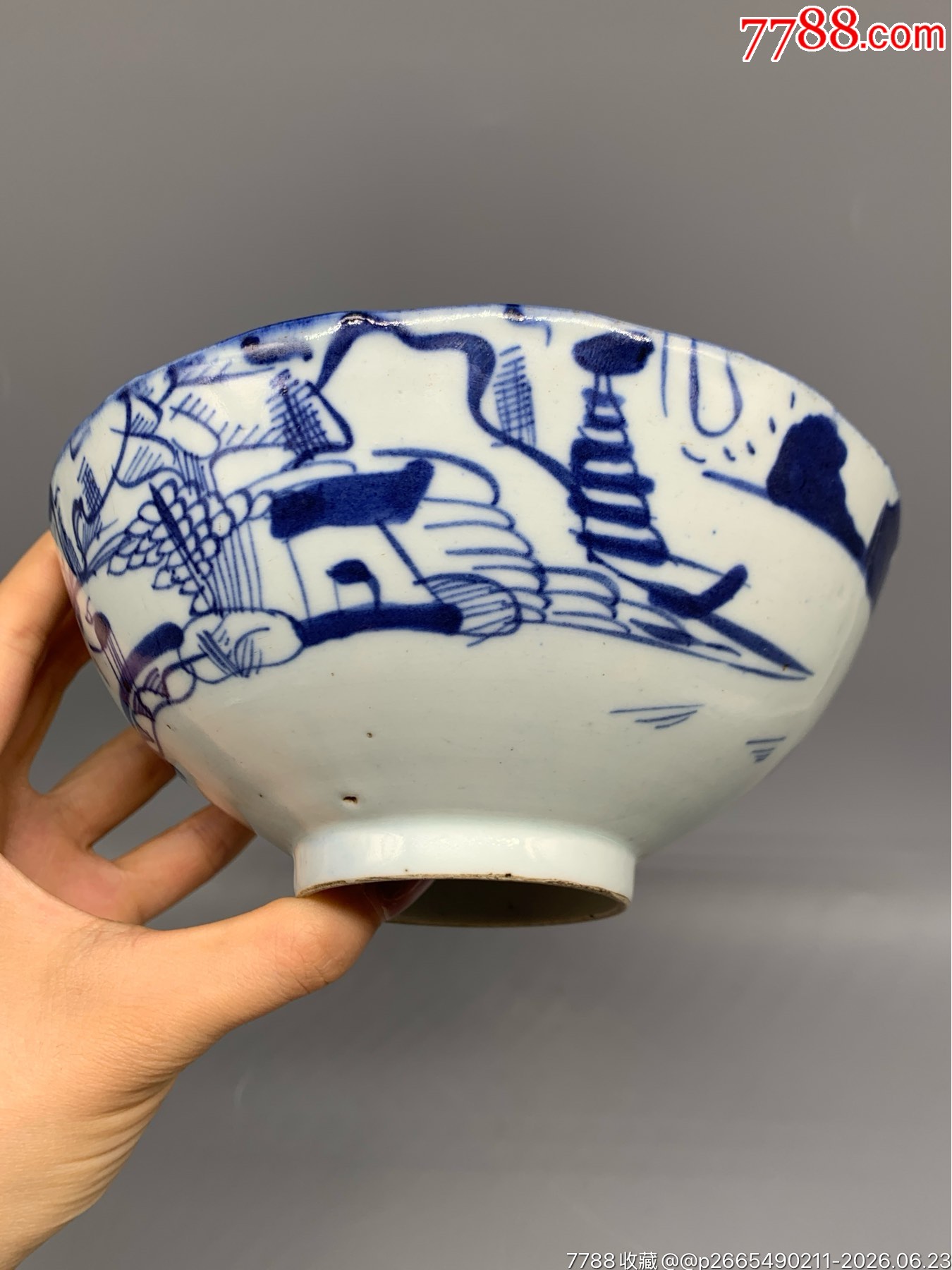 清咸豐青花山水亭臺樓閣攜琴訪友花口碗_價(jià)格181元_第2張_