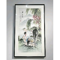 何奕勇手绘童趣图牧童嬉戏水牛山水人物画-人物国画原作-7788旧书网